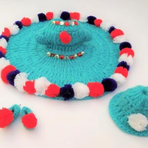 Handcrafted Woolen Winter Dress Set for Laddu Gopal with Cap & Booties (Turquoise Pom-Pom Design)